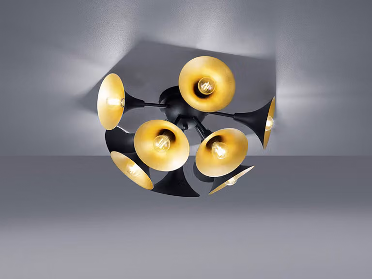 Plafoniera, aspetto a tromba, nero-oro