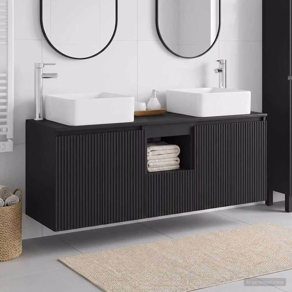 Set di mobili da bagno moderno vidaXL composto da 3 pezzi in legno nero opaco L/P/H: 135 x 35 x 80 cm