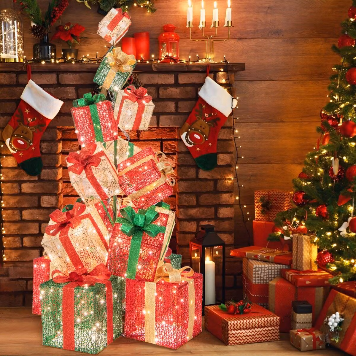 Torre di scatole regalo pre-illuminate Costway con 3 decorazioni natalizie rosse in plastica per uso da tavolo