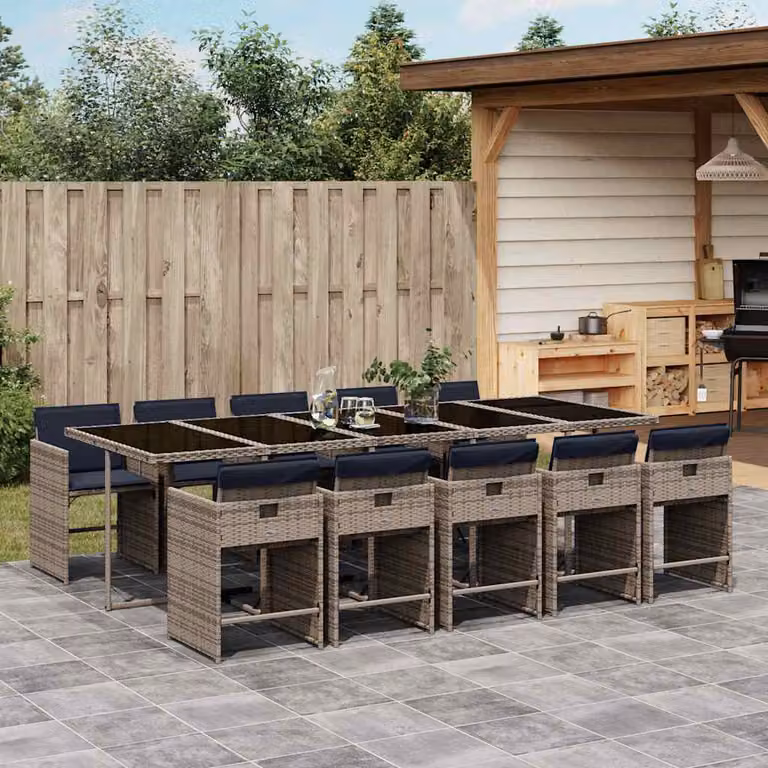 Set da pranzo da giardino vidaXL in polyrattan con cuscini e piano in vetro, 11 pezzi, Grigio