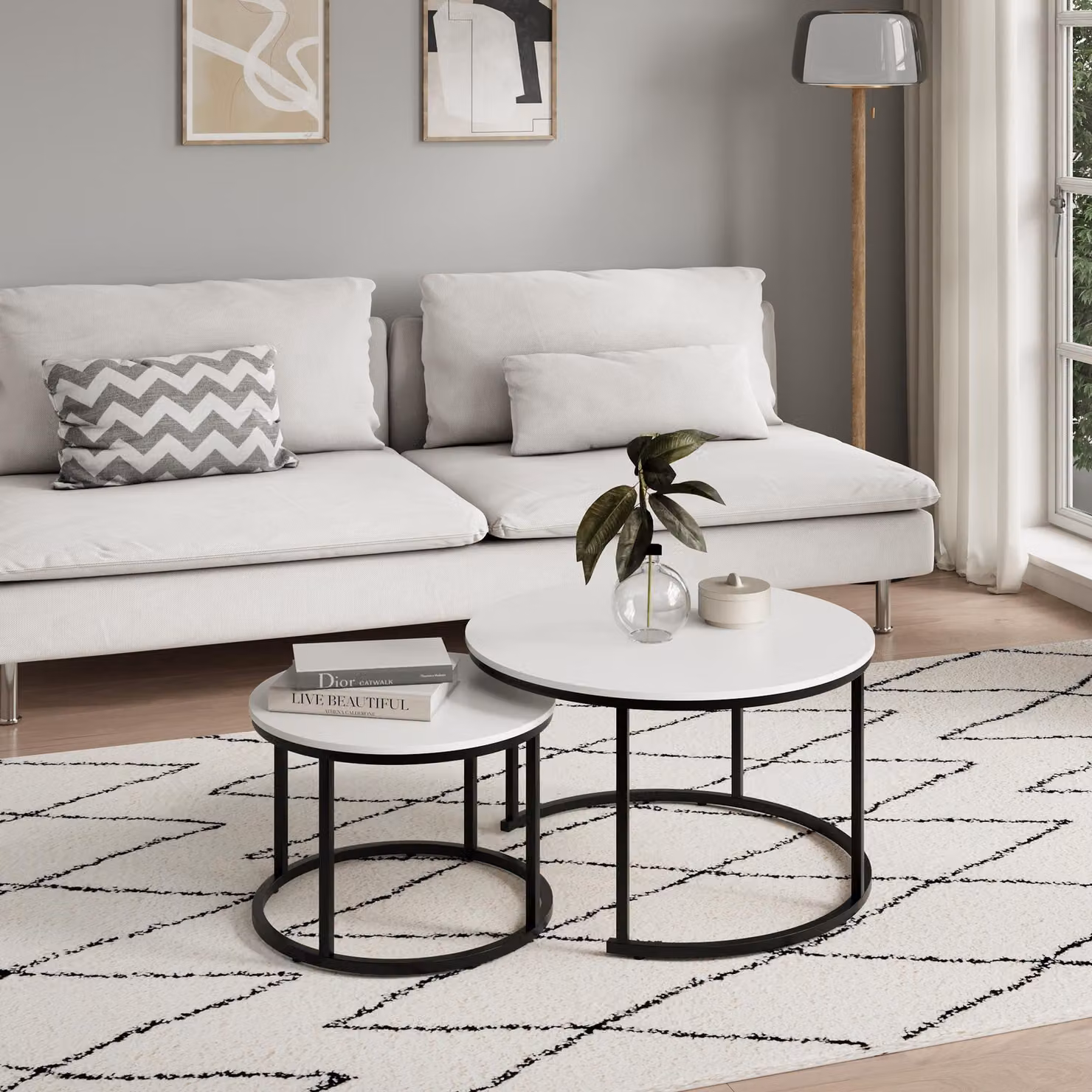 Set di 2 tavolini rotondi in legno, tavolo da soggiorno moderno in bianco, set di tavolini 2 in 1 con struttura in metallo per soggiorno