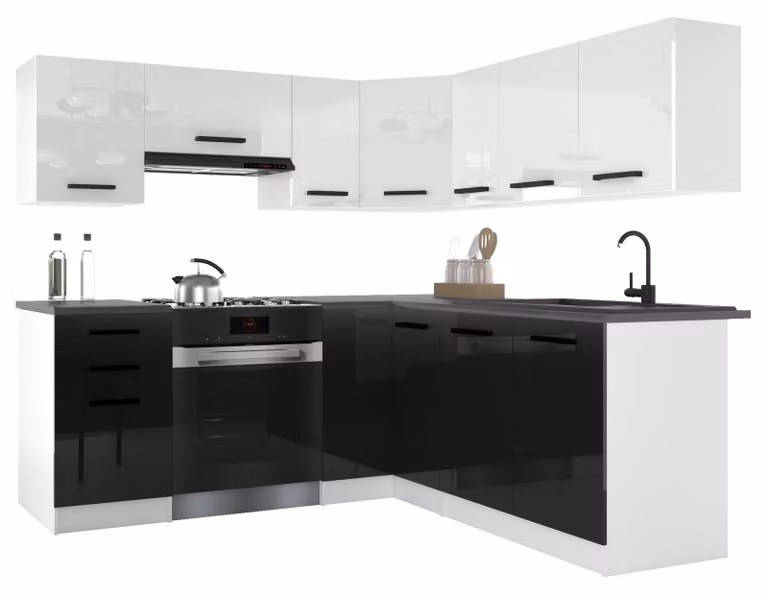 Belini - Angolo cottura moderno ITALIA 6 - Mobili da cucina 360 cm bianco-nero lucido - Cucina componibile con pensili, mobili base e piani di lavoro