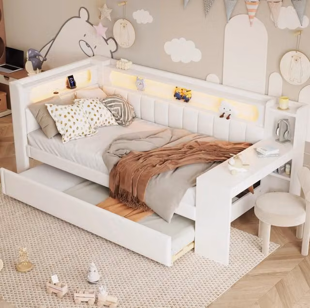 Letto da giorno imbottito ULEVR 90x200 cm con letto estraibile 90x190, scrivania integrata, LED e USB, bianco