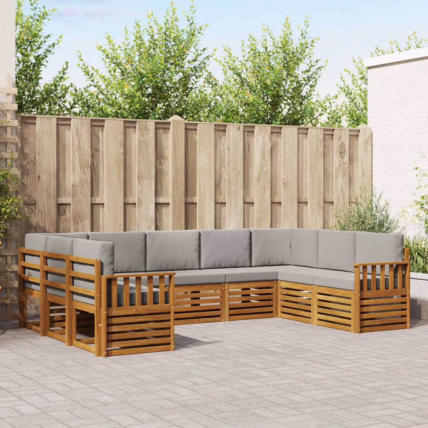 vidaXL Set di divani da esterno a L in legno di acacia, 9 pezzi, Grigio e Marrone
