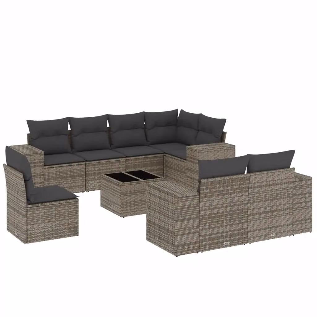vidaXL Set Divano da Giardino a L 9 pz in Polyrattan Grigio con Cuscini e Tavolino – 2