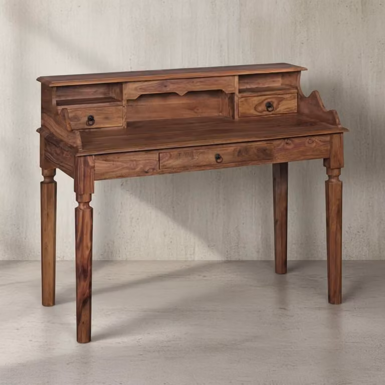 Tavolo country in legno di sheesham, dall'aspetto vintage, con 3 cassetti, pratico ed elegante. 115x60x100 cm | Kadima Design