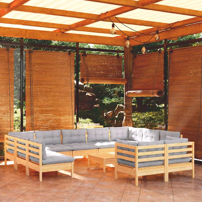 Set Divani da Giardino vidaXL a Forma a U in Legno di Pino con Cuscini Grigi e Ottoman
