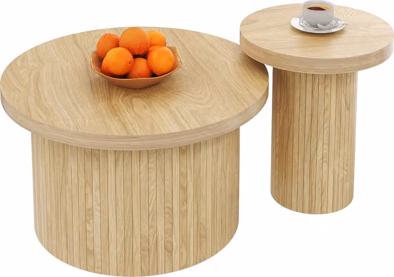 Tavolino Sweiko, doppio tavolo rotondo, tavolino con doghe in legno naturale. Tavolo da salotto multifunzionale
