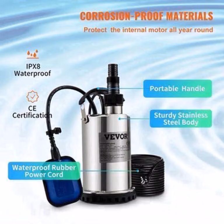 Pompa sommergibile da 550W, con una capacità di 9500 litri all'ora, ideale per piscine e stagni con acqua pulita, finitura argento