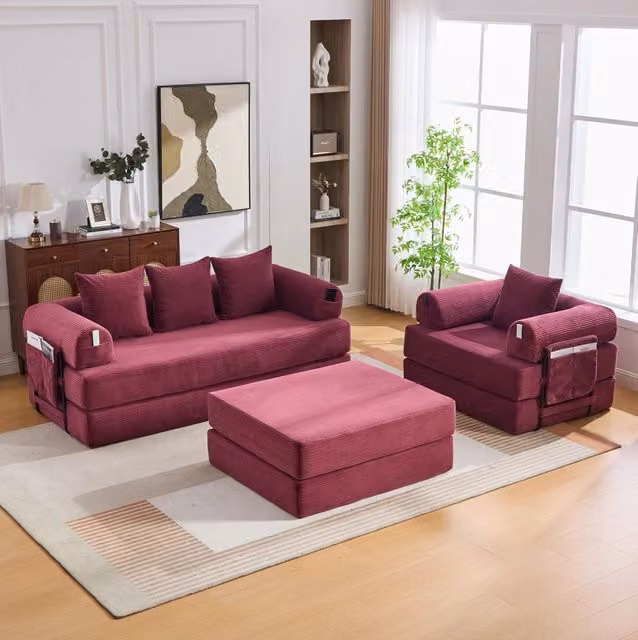 Divano modulare MODFU in velluto a coste rosso con pouf e cuscini, struttura in metallo, L 200 x P 190 x H 67 cm