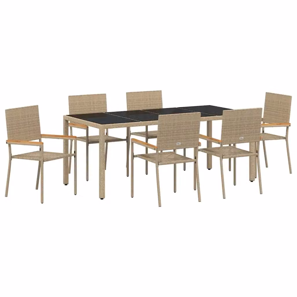 Set da pranzo per giardino vidaXL in polyrattan beige e marrone con tavolo in vetro e legno di acacia, 7 pezzi – 2