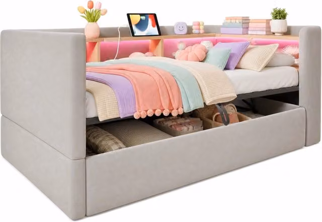 Divano letto singolo 90x190 cm con contenitore idraulico; LED e prese; flanella grigio chiaro