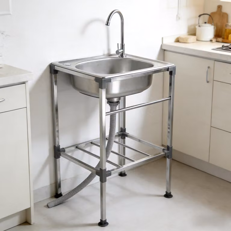 Lavello da cucina grigio chiaro, con una vasca, in acciaio inossidabile 304, con rubinetto solo freddo, da incasso, ideale per cucine da esterno e campeggio