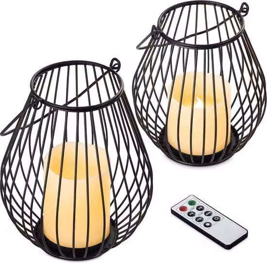 Lampada da tavolo a LED con fiamma mobile, set da 2 - Supporto in metallo - Lampada da tavolo a batteria con telecomando - Piccola/Media