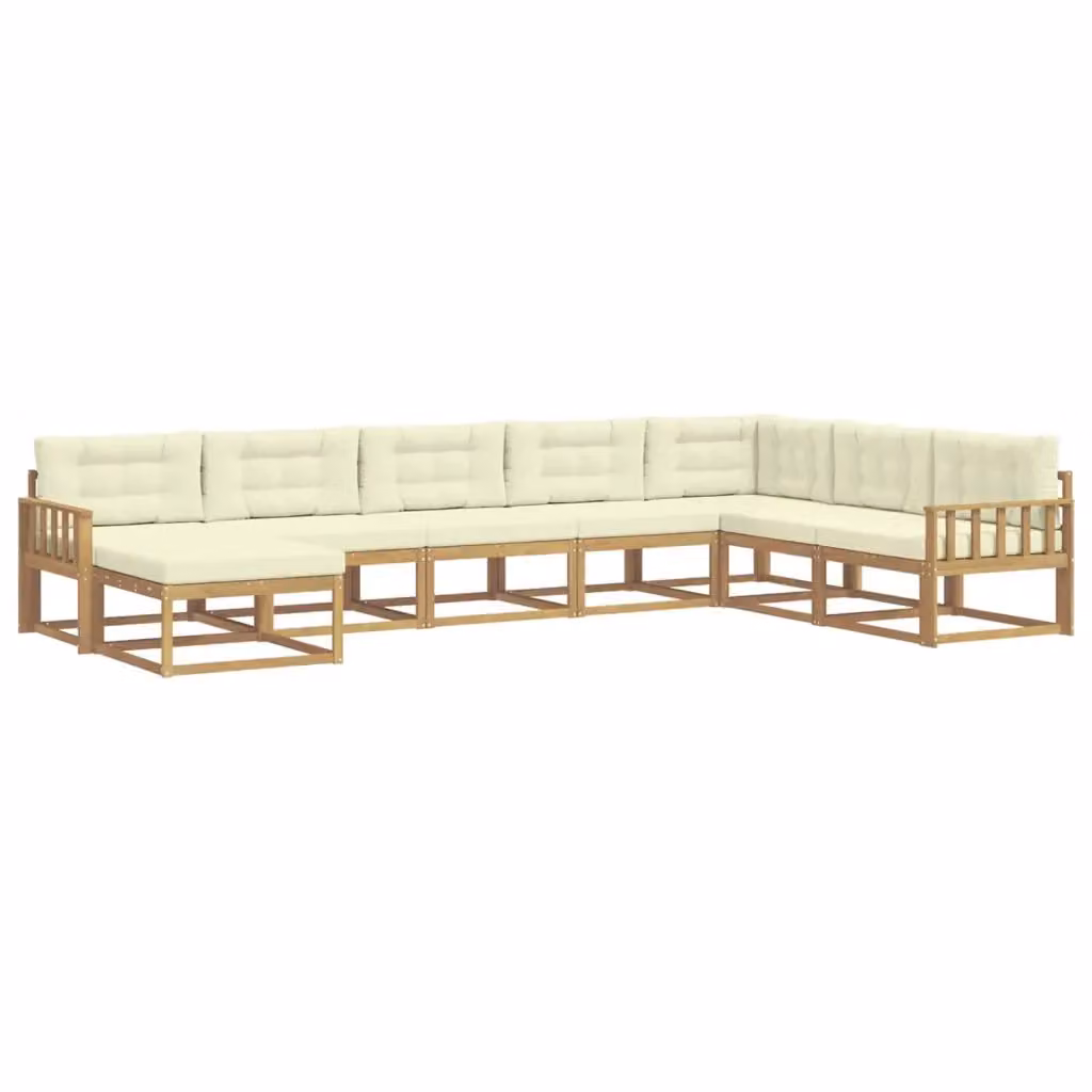 Set di divani da esterno a L vidaXL in legno di acacia con pouf e cuscini, Bianco e Beige – 2