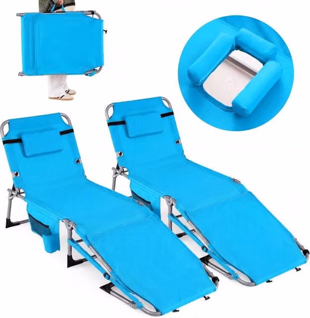 Set di 2 lettino da spiaggia pieghevole con cuscino poggiatesta, Sedia sdraio da esterno con tasca laterale per giardino e piscina