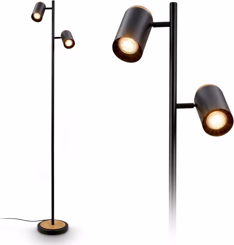 Briloner DUTA Lampada da terra, orientabile, attacco GU10, interruttore a cavo, 2 luci, legno nero, 26 x 26 x 159,5 cm