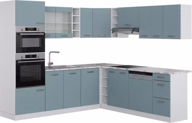 Cucina angolare moderna Vicco R-Line in legno e metallo, colore grigio-blu e bianco, L/P/H: 247 x 237 cm – 1