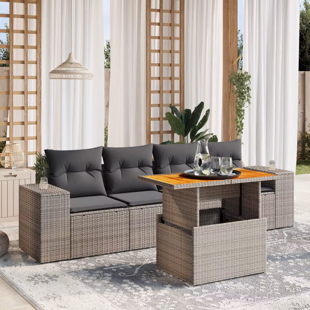 vidaXL Set Divano da Giardino 5 pz in Polyrattan Grigio con Cuscini e Tavolino – 1