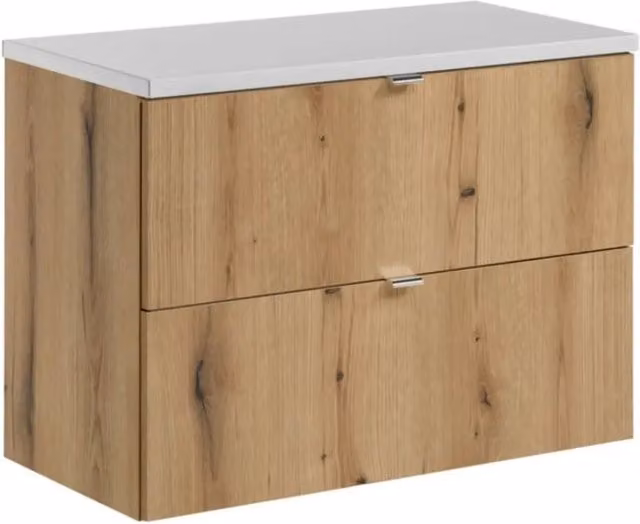 Set da bagno sospeso VANO in rovere e bianco 80cm: mobiletto con cassetti + piano per lavabo
