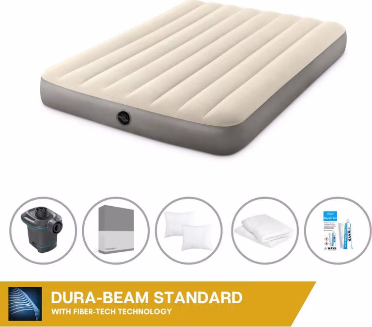 Letto gonfiabile Intex - 2 persone - 137 x 191 x 25 cm - Beige + pompa elettrica Intex - 650 litri/min + lenzuola antracite + cuscino + federe Molton 2 in 1 + set di riparazione