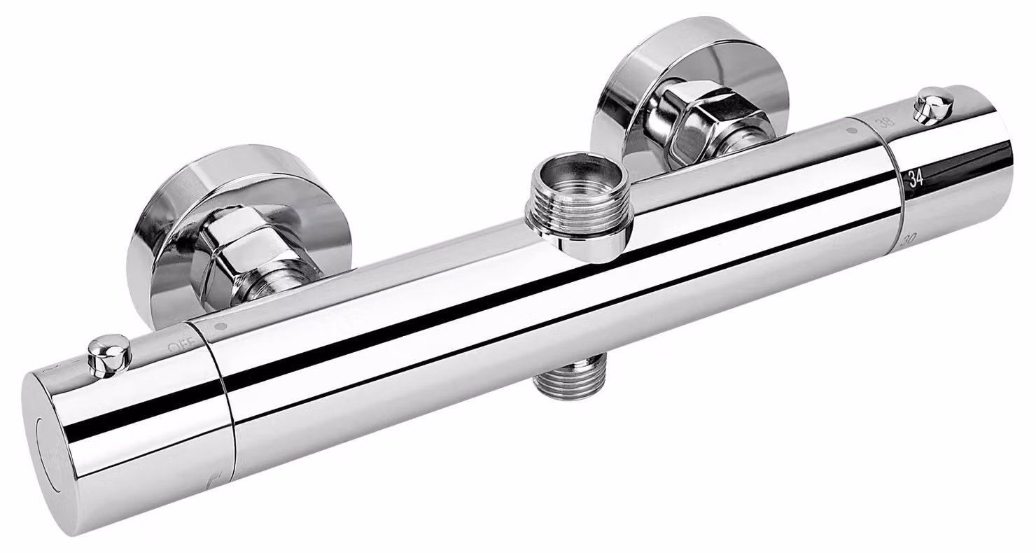 Termostato per miscelatore doccia, 2 uscite, attacchi da 3/4" e 1/2", forma circolare, finitura cromata