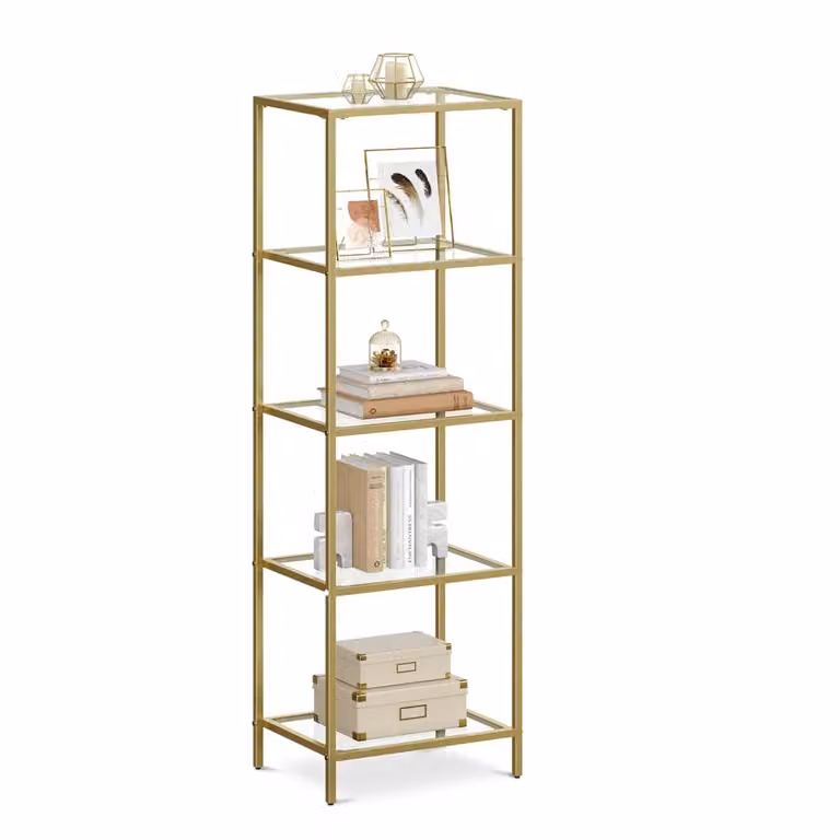 Scaffale con Ripiani in Vetro Temperato Facile da Montare, Dorato / 5 Ripiani (30 x 40 x 124,5 cm)