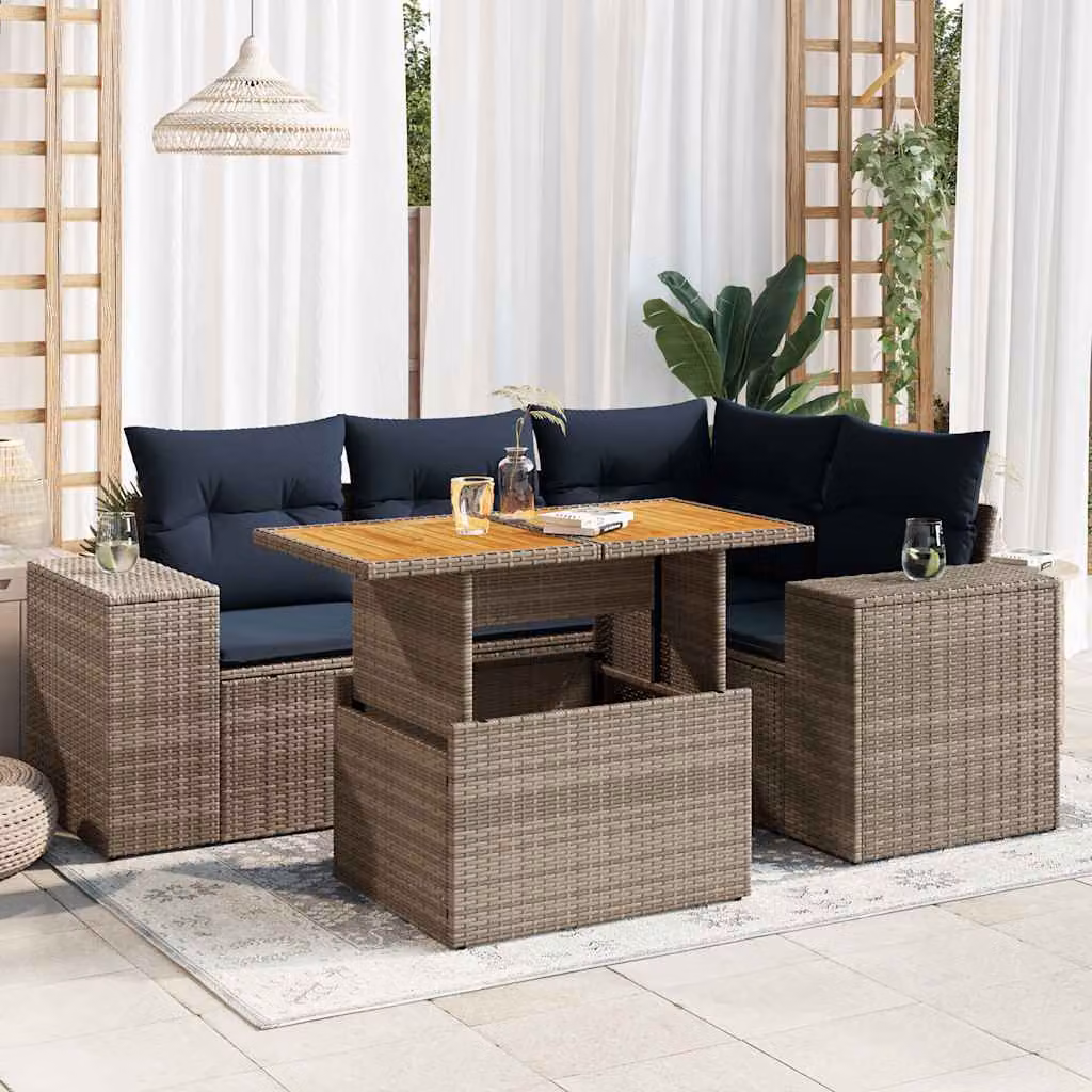 Set Divano da Giardino vidaXL 5 pz a Forma a L con Cuscini Grigio e Blu in Polyrattan e Acciaio