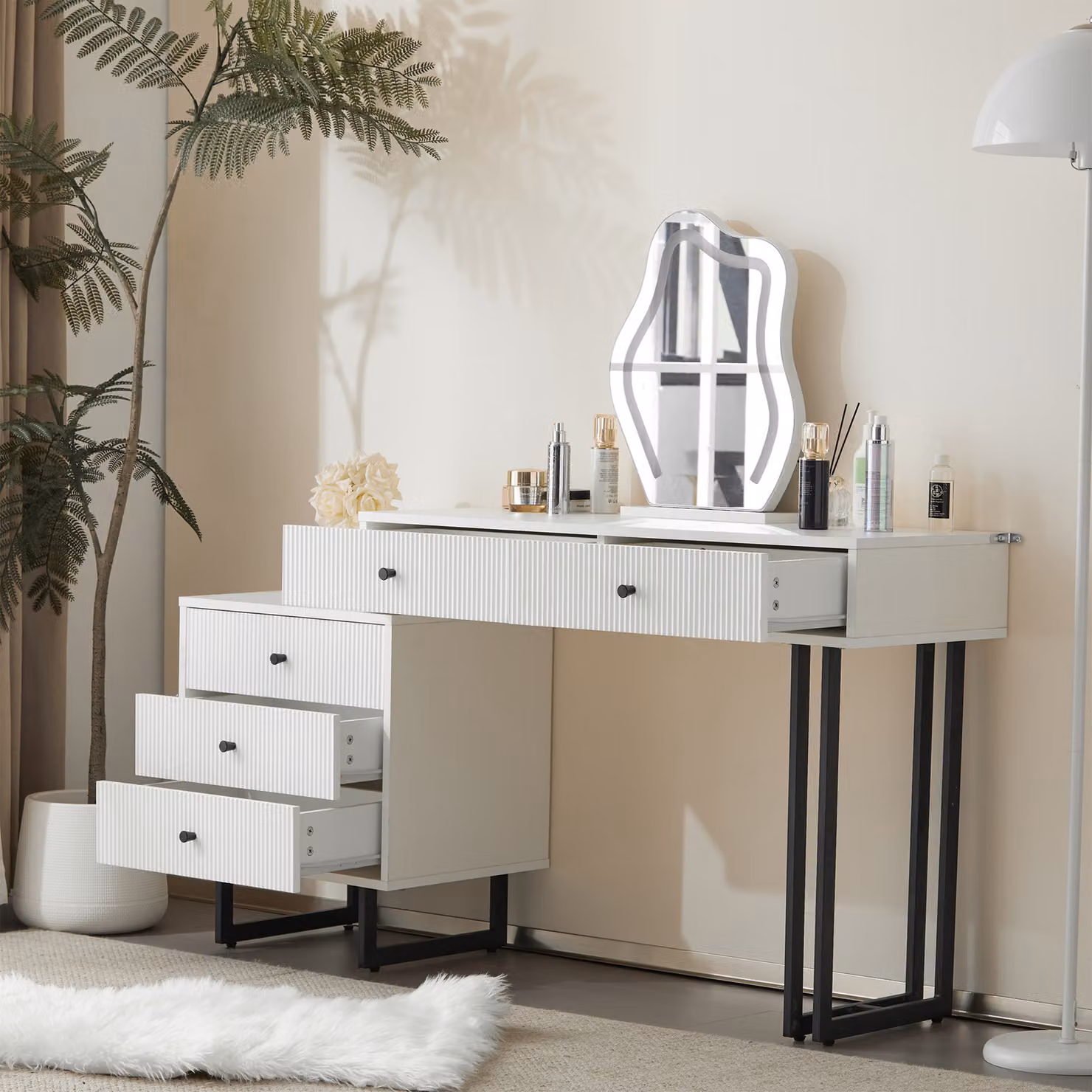 MERAX Tavolo da toilette Tavolo da toilette con specchio LED a forma di nuvola Tavolo cosmetico con piano allungabile e cassetti, 100x40x76cm