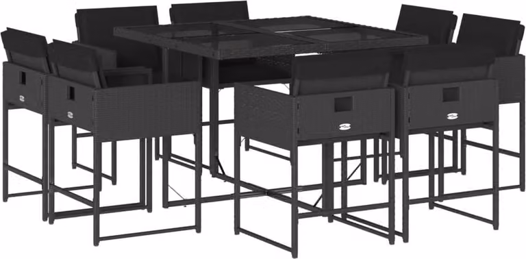 Set da Pranzo da Giardino 9 pz con Cuscini Nero in Polyrattan