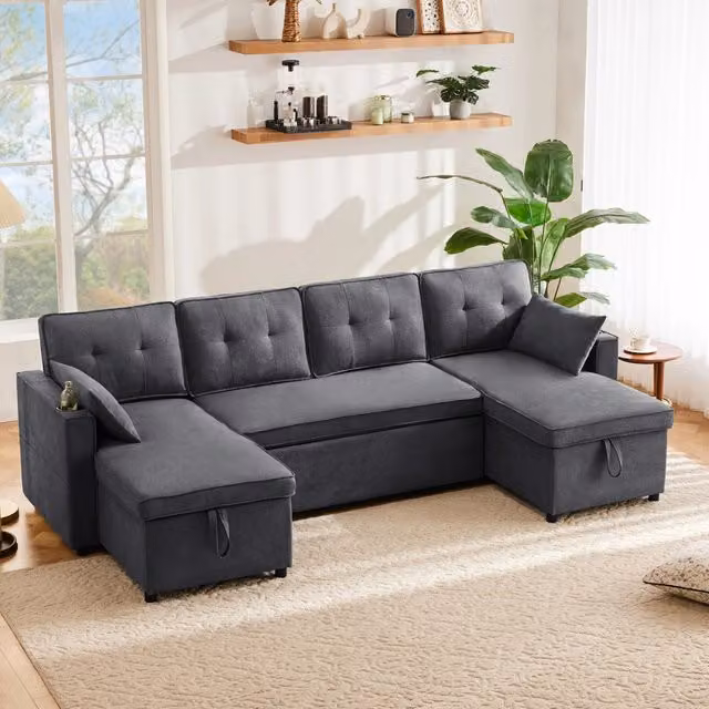 Divano letto a U trasformabile con contenitori portabevande tasca laterale e 2 cuscini in tessuto effetto lino grigio