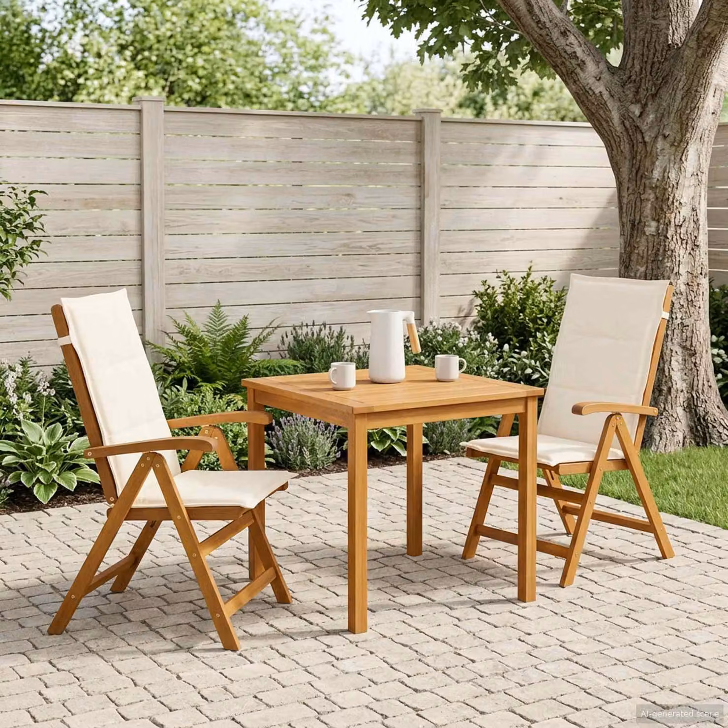Set di 2 sedie da giardino reclinabili vidaXL in legno di acacia naturale con cuscini beige e bianchi