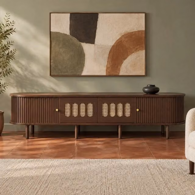 Mobile TV ovale 180x40x40 cm colore noce con 2 cassetti rattan e 2 ante a serranda, portata 30 kg, MDF