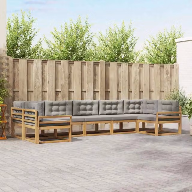 Set di divani da esterno a forma di U vidaXL composto da 7 pezzi in legno di acacia con cuscini in bianco e grigio – 1