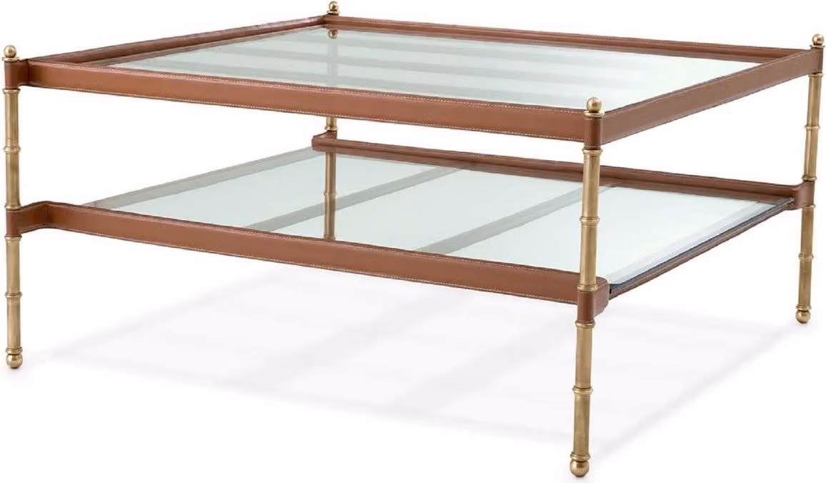 Tavolino Casa Padrino in ottone vintage/marrone 89 x 87,5 x h. 44 cm - Tavolino da salotto con piano in vetro e vera pelle - Mobili da salotto - Mobili per hotel - Mobili - Arredi