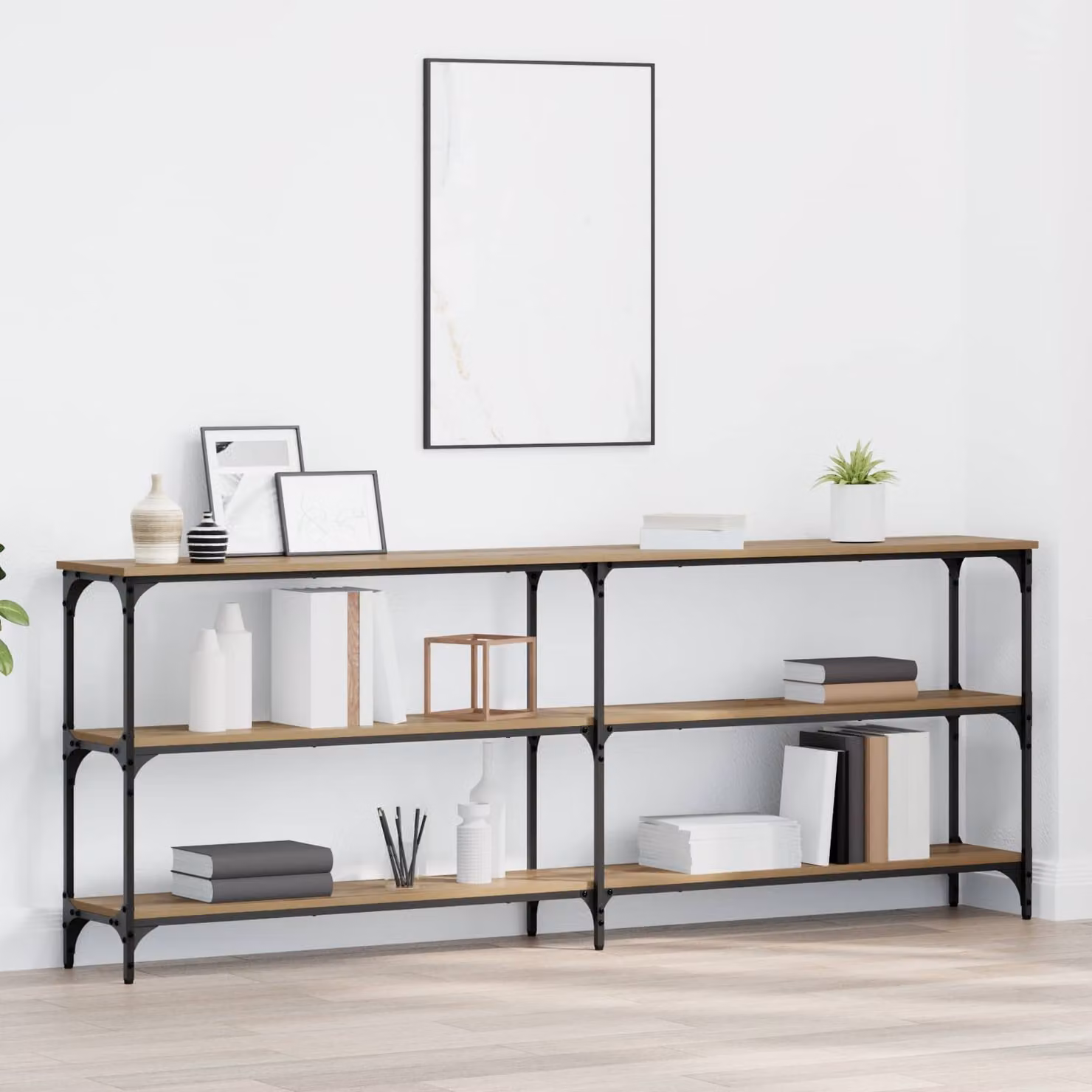 vidaXL Tavolo consolle in stile industriale color rovere, L/P/H: 200 x 29 x 75 cm