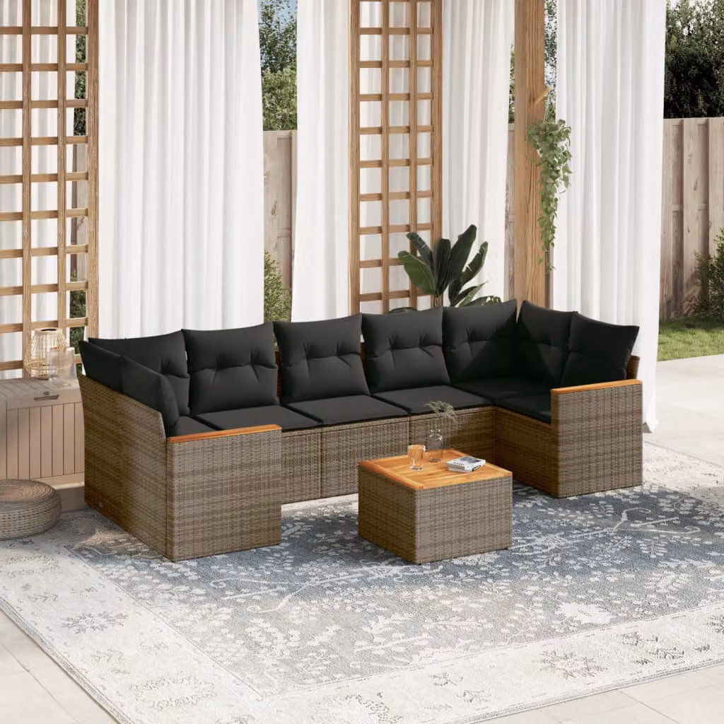 vidaXL Set Divano da Giardino a L in Polyrattan Grigio con Cuscini e Tavolino da Caffè 8 pz – 1