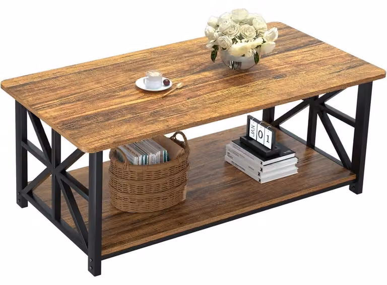 Tavolino da salotto con spazio contenitore, 100 cm, legno e metallo, colore marrone, stile industriale