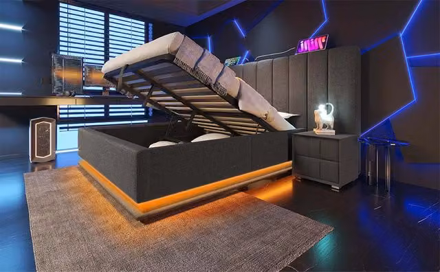 Letto imbottito in lino grigio 160×200 cm con contenitore idraulico, luce LED a 360°, porte USB e Type-C con ricarica rapida, senza materasso