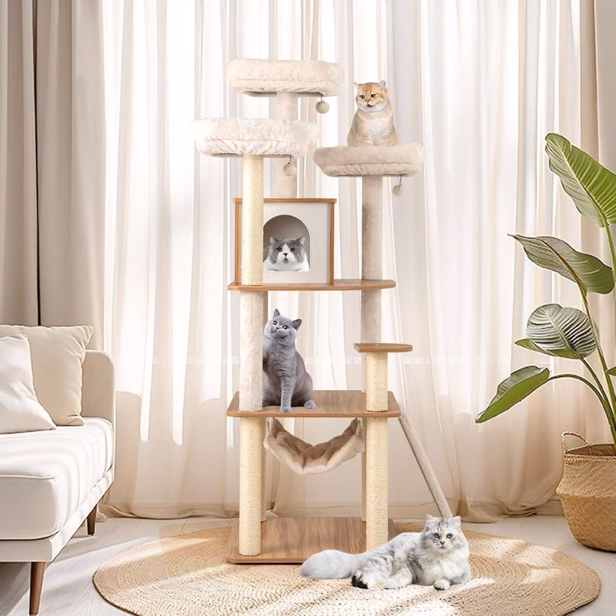 Albero per gatti Costway alto 168 cm con 3 piattaforme e amaca, torre multi-livello in legno marrone e beige per interni