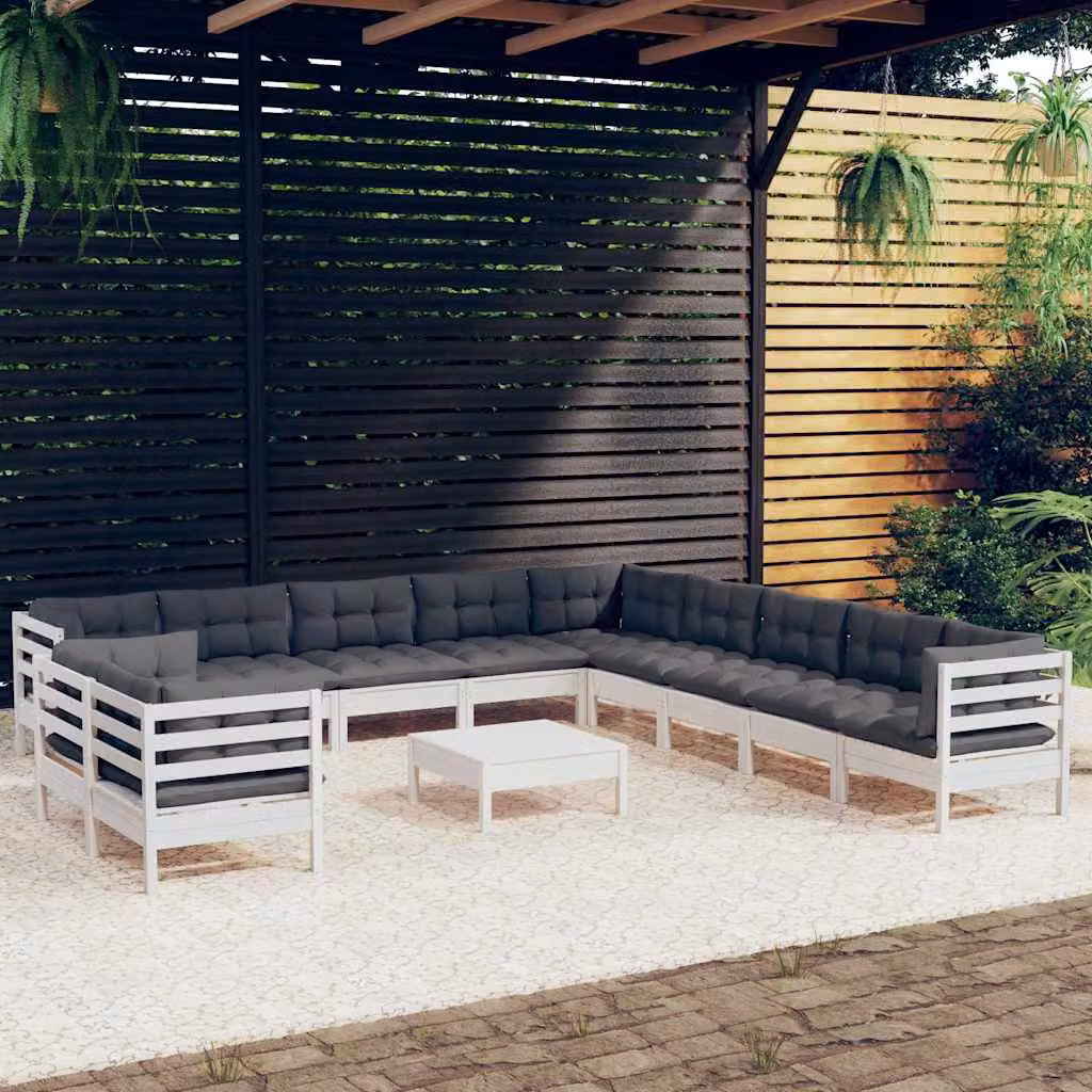 vidaXL Set Divani da Giardino a Forma di U in Legno di Pino con Cuscini Bianchi e Antracite