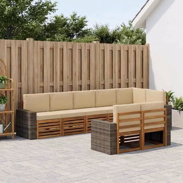 Set di divani da esterno a L vidaXL in legno di acacia marrone e beige con cuscini inclusi