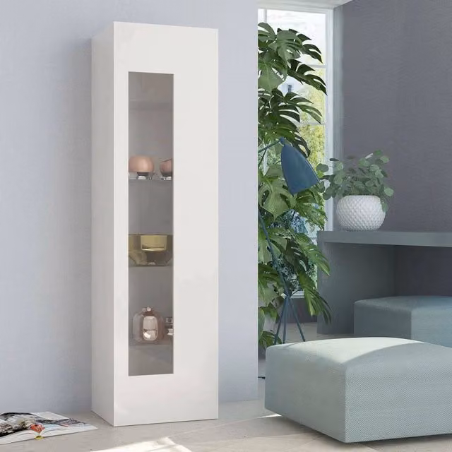 Mobile a colonna Adatka DMORA con ante in vetro e ripiani interni, Vetrinetta da soggiorno moderna in Bianco lucido, L/P/H: 45 x 34 x 162 cm