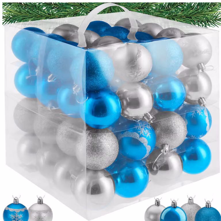 Set di 64 palline natalizie Tectake in plastica, argento e azzurro, modello round con decorazioni a fiocchi di neve