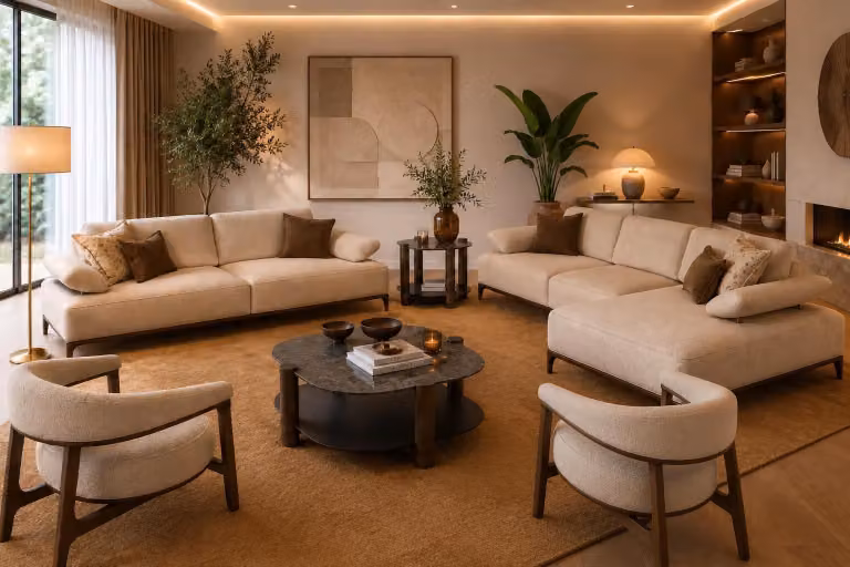 Elegante divano angolare beige per soggiorno, composto da: divano a tre posti e due poltrone