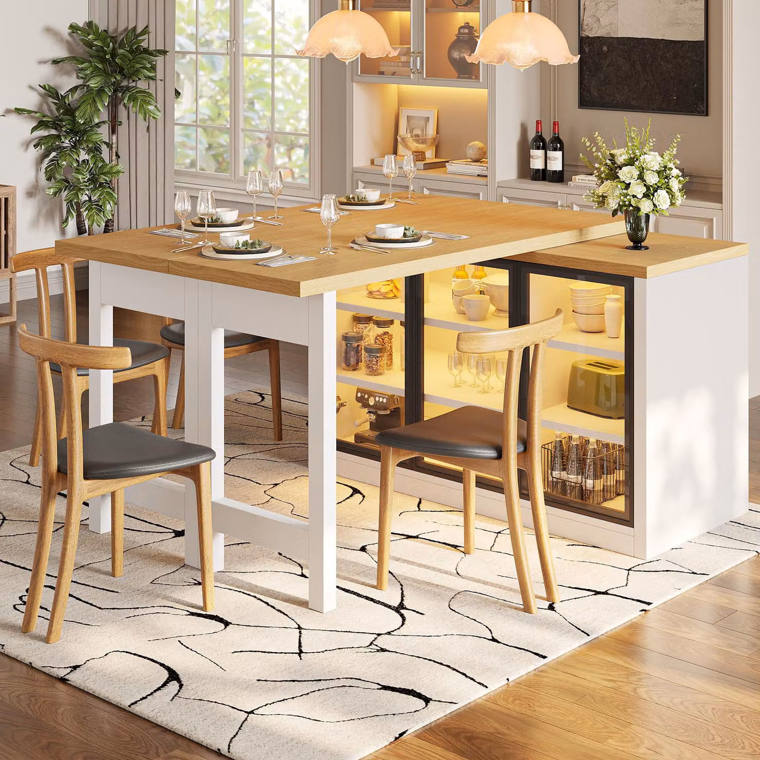Tavolo da pranzo multifunzionale Flieks con sistema di illuminazione a colori intelligente, girevole a 360°, tavolo da pranzo, isola da cucina estendibile, bianco