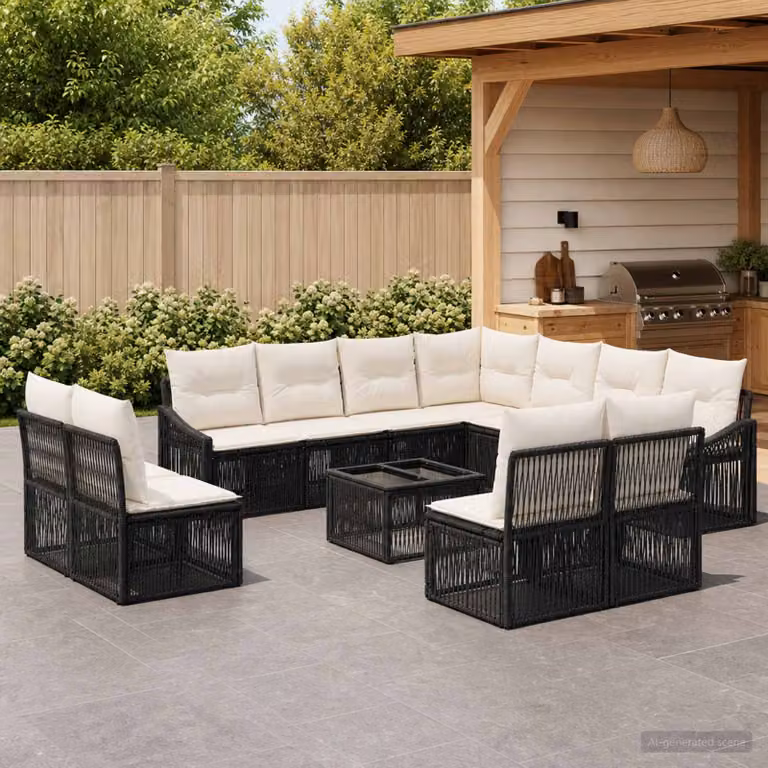 Set Divano da Giardino vidaXL 12 pz a forma a U in Polyrattan Nero con Cuscini e Tavolino da Caffè