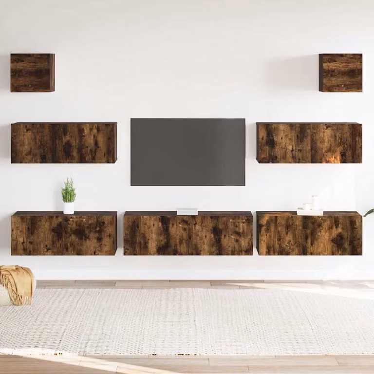 Set di mobili porta TV moderno vidaXL in legno Rovere Fumo, 7 pezzi da parete per soggiorno
