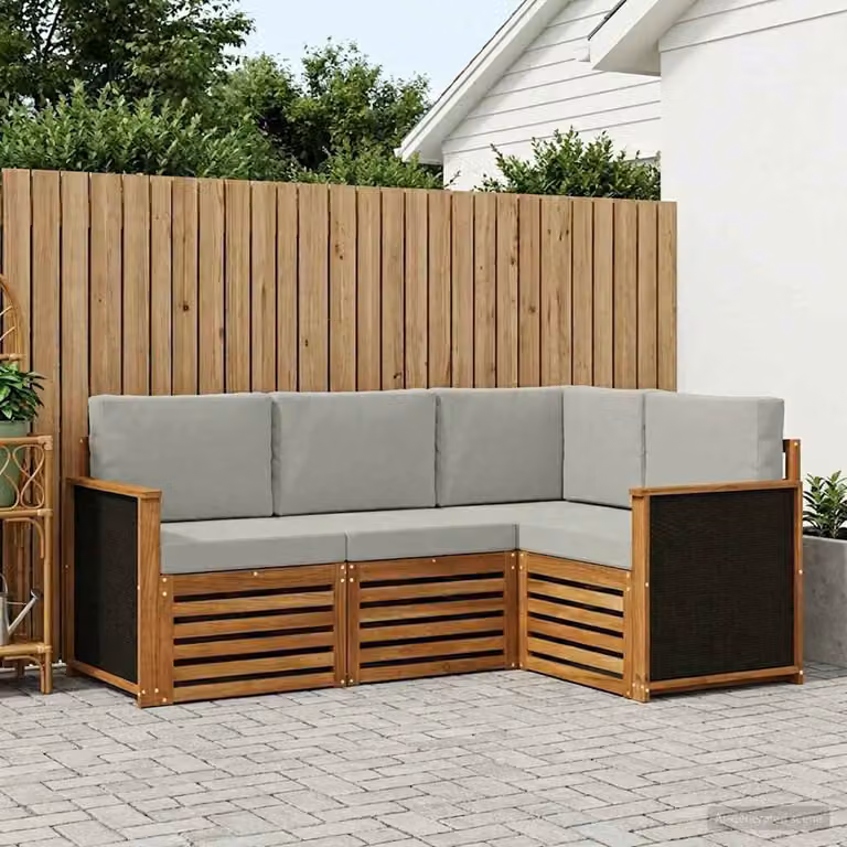 Set di divani da esterno a L vidaXL in legno di acacia con cuscini in poliestere resistente ai raggi UV, marrone e grigio