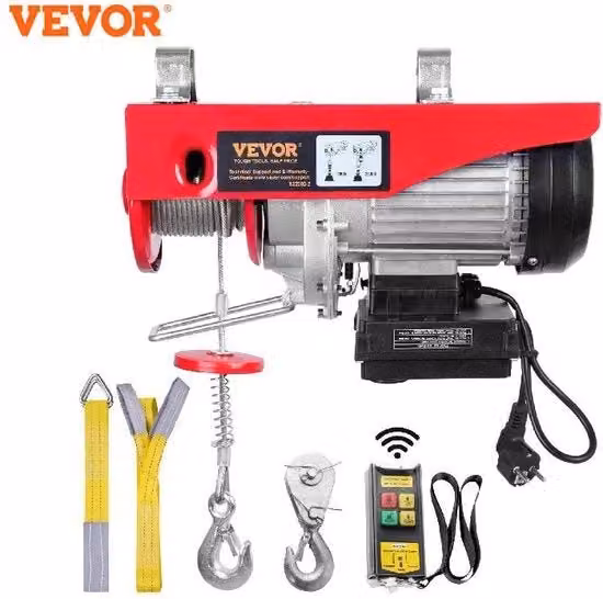 Veror Verricello Elettrico da Officina con Telecomando Wireless, Capacità 800kg, Cavo 12 m, 2 Cinghie di Sollevamento, Rosso
